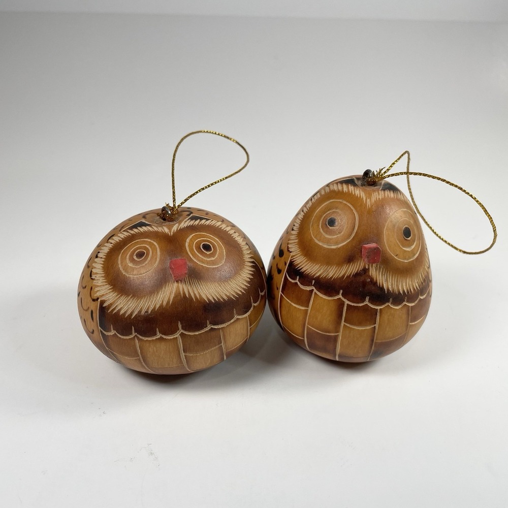 Hand Painted Owl Etched Round Dried Gourd Brown Black Figurine Set Of 2 Ornament